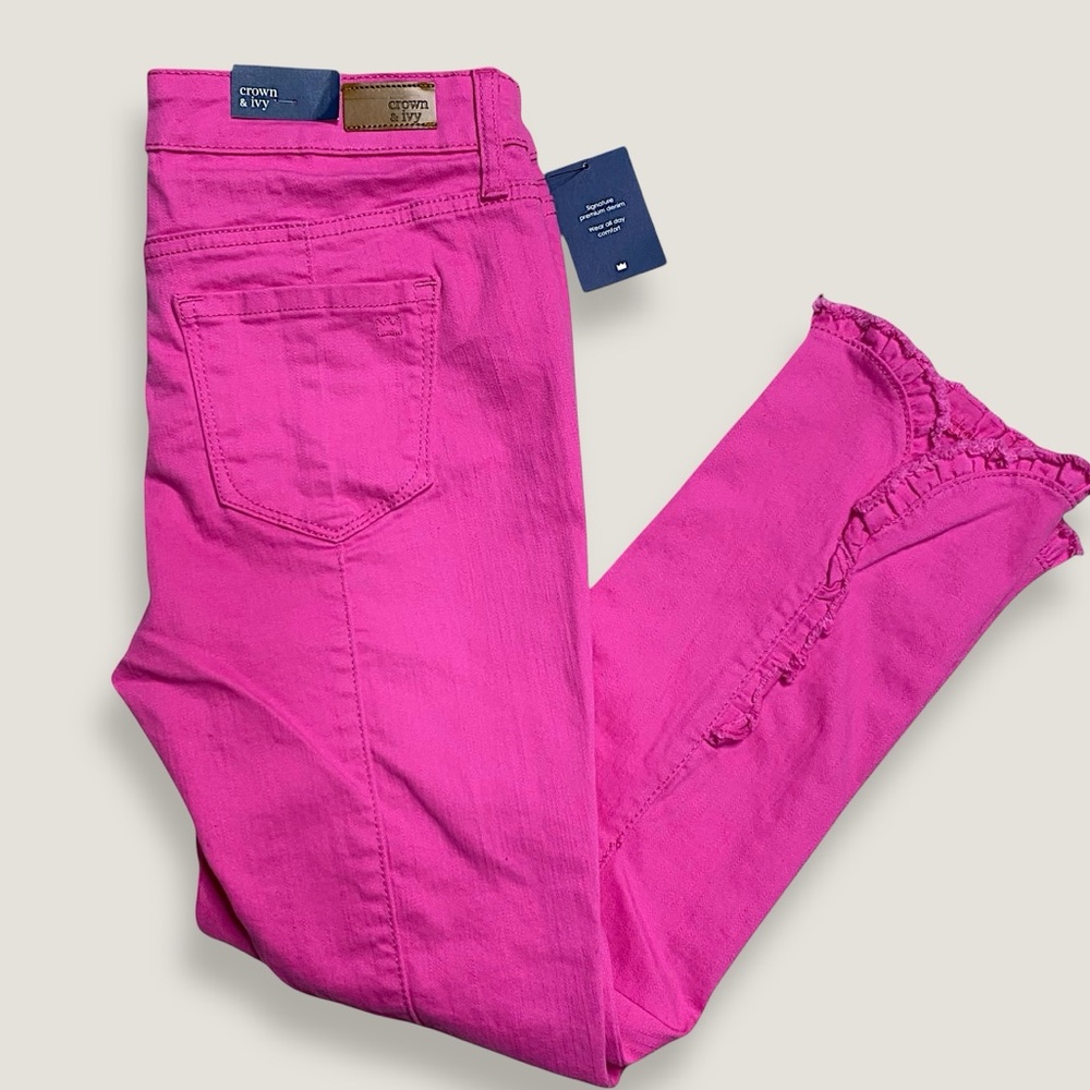 CROWN & IVY Crop Ruffle Capri Denim Jeans Pants Hot Pink Sz 4 NWT - Picture 2 of 7